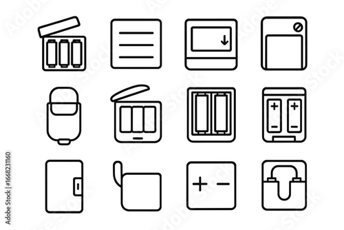 Battery Compartment Icons. Outline icon set of battery compartments: open compartment, closed compartment,