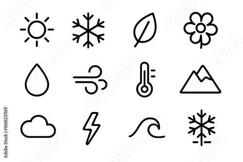Seasonal Weather Icons. Outline icon set of seasonal weather patterns: sun, snowflake, leaf, flower, raindrop,