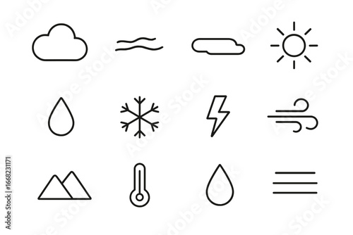 Weather Icons Grid. Outline icon set of cloud formation: cumulus cloud, cirrus cloud, stratus cloud, sun,