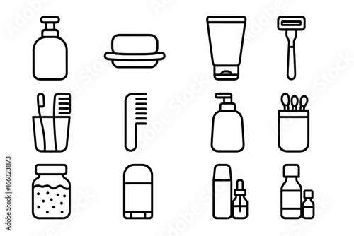 Bathroom Essentials Icons. Outline icon set of bathroom shelf items: shampoo bottle, soap bar, face wash,