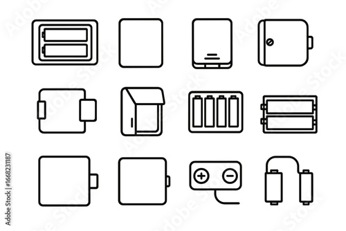 Battery Compartment Icons. Outline icon set of battery compartments: open compartment, closed compartment,
