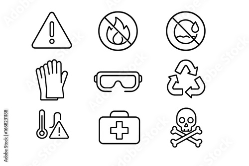 Battery Safety Icons. Outline icon set of battery safety: warning triangle, crossed-out flame, no water sign,