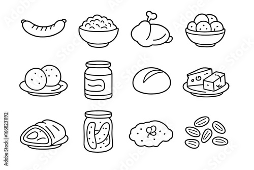 Bavarian Food Icons. Outline icon set of traditional Bavarian food: bratwurst, sauerkraut, pork knuckle,