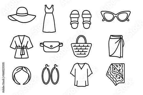 Beachwear Icon Set. Outline icon set of fashionable beachwear: wide hat, maxi dress, sandals, sunglasses,