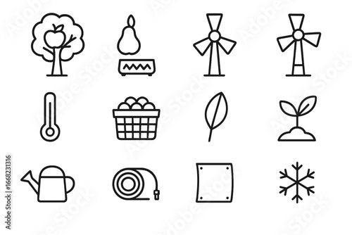 Orchard Frost Protection Icons. Outline icon set of frost protection for orchards: apple tree, pear tree,