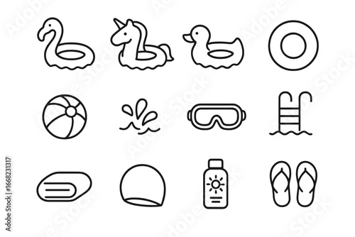 Inflatable Pool Icons. Outline icon set of inflatable pool toys: flamingo float, unicorn float, duck float,