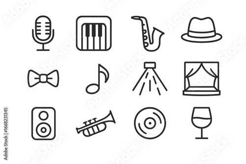 Jazz Icons Collection. Outline icon set of jazz vocalists: microphone, piano, saxophone, hat, bow tie, music