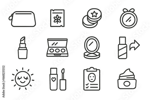 Beauty Brand Icons. Outline vector icons of beauty brand loyalty: cosmetic bag, product sample, beauty points,