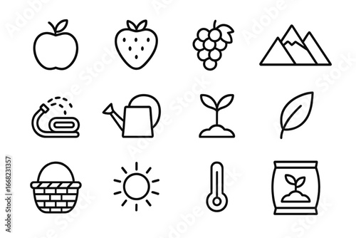 High-Altitude Fruit Farming Icons. Outline icon set of high-altitude fruit farming: apple, strawberry, grape,