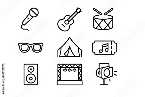 Music Festival Icons. Outline icon set of music festival singers: microphone, guitar, drum, sunglasses, hat,
