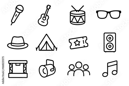 Music Festival Icons. Outline icon set of music festival singers: microphone, guitar, drum, sunglasses, hat,