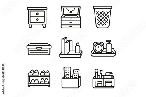 Bedroom Clutter Icons. Outline icon set of bedroom clutter control: bedside drawer, jewelry box, laundry