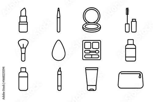 Beauty Icon Set. Outline icon set of beauty and makeup products: lipstick, eyeliner, compact powder, mascara,