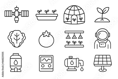 Space Colony Farming Icons. Outline icon set of space colony farming: space station, hydroponic tray,