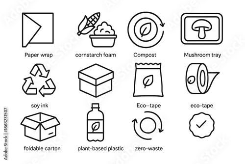 Biodegradable Packaging Icons. Outline icon set of biodegradable packaging concepts: paper wrap, cornstarch
