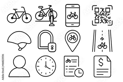 Bike-Sharing Icon Grid. Outline icon set of bike-sharing programs: rental bike, docking station, mobile app,