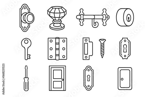 Decorative Door Hardware Icons. Outline icon set of decorative door hardware: ornate knob, crystal handle,