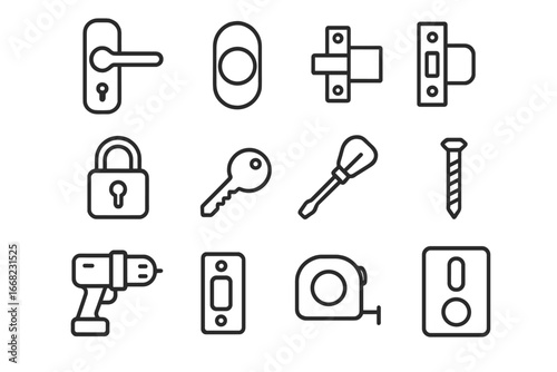 Door Handle Icons. Outline icon set of upgrading door handles: lever handle, round knob, latch, lock, key,