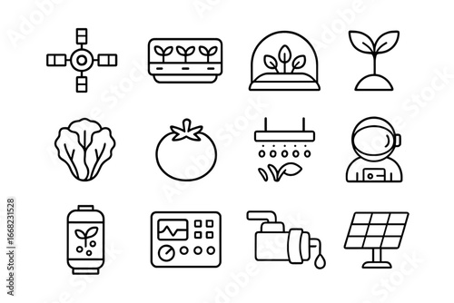 Space Colony Farming Icons. Outline icon set of space colony farming: space station, hydroponic tray,