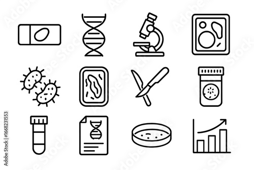 Biology Experiment Icons. Outline icon set of biology experiments: microscope slide, DNA helix, microscope