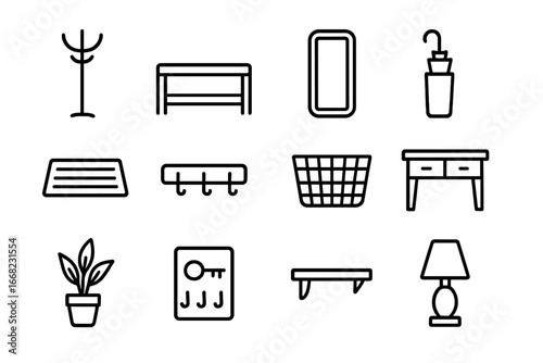 Stylish Entryway Icons. Outline icon set of creating a functional entryway with style: coat rack, shoe bench,