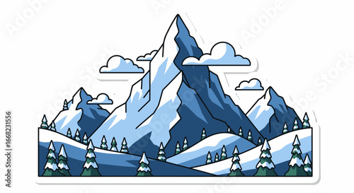 Snowy Peaks Serene Mountainscape Illustration with Evergreen Trees and Fluffy Clouds