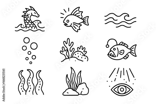 Bioluminescent Ocean Icons. Outline icon set of a creature with shimmering scales rising from the deep ocean: