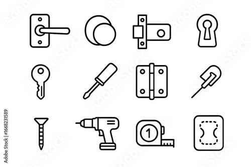 Door Handle Icons. Outline icon set of upgrading door handles: lever handle, round knob, latch, lock, key,