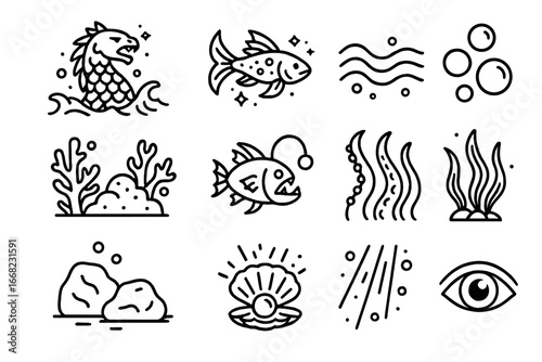 Bioluminescent Ocean Icons. Outline icon set of a creature with shimmering scales rising from the deep ocean: