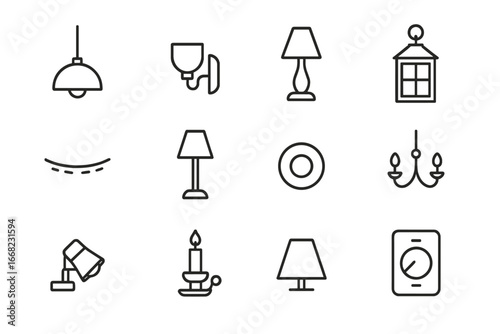 Entryway Lighting Icons. Outline icon set of entryway lighting options: pendant light, wall sconce, table lamp