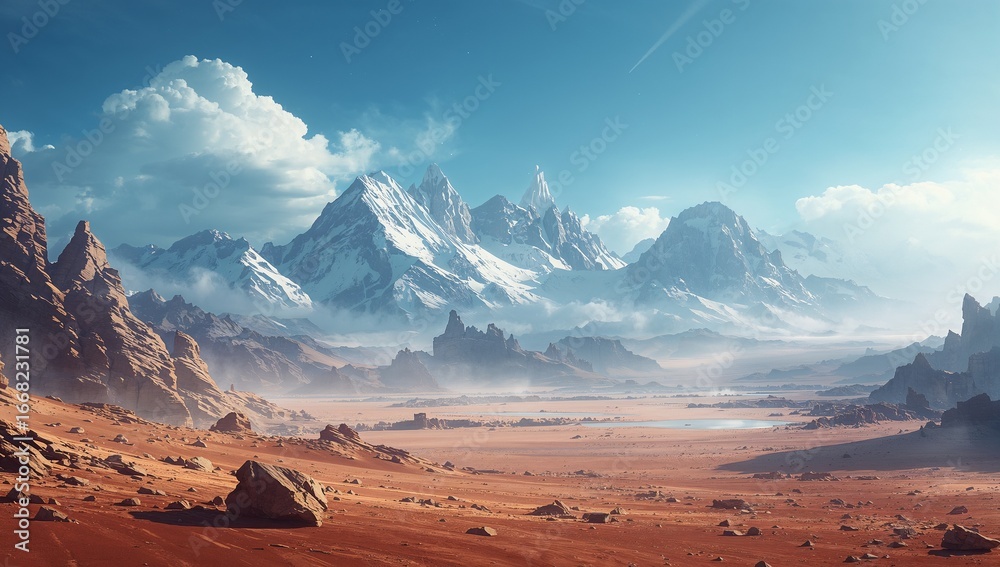 Naklejka premium Surreal Landscape with Snowy Mountains and Desert Plains under a Blue Sky