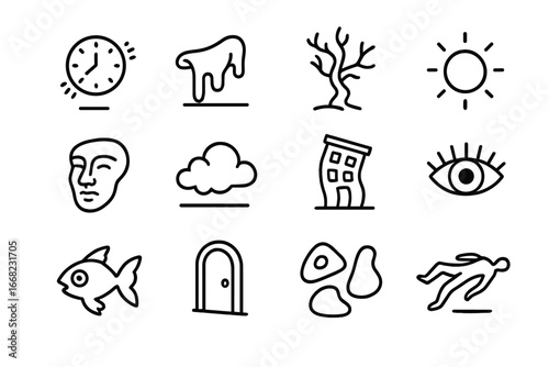 Bizarre Campaign Icon Set. Outline icon set of bizarre campaign motifs: floating clocks, melting objects,