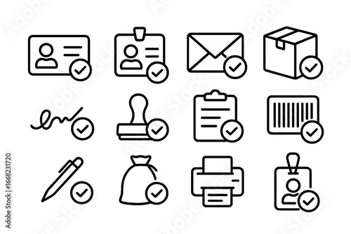Mail Verification Icons. Outline icon set of verifying mail recipients: ID card, badge, envelope, package,