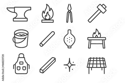 Blacksmith Tools Icons. Outline icon set of blacksmith tools and forge: anvil, forge flame, tongs, hammer,