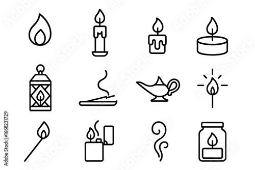 Candle Icon Collection. Outline icon set of candle flame: single flame, candle stick, wax drips, tealight,