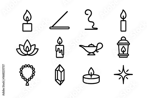 Spiritual Icon Set. Outline icon set of spiritual candle rituals: candle flame, incense stick, smoke curl,