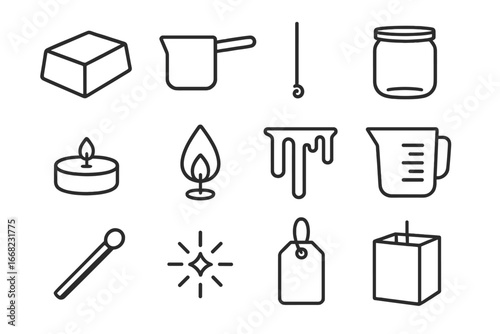 Candle Making Icons. Outline icon set of candle making process: wax block, melting pot, wick, jar, tea light,