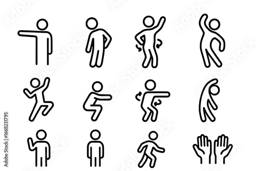 Body Movement Icons. Outline icon set of body movement expression: extended arm, head tilt, hip motion, body