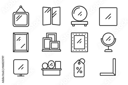 Mirror Icon Collection. Outline icon set of mirror shop display: wall mirrors, corner mirrors, round mirrors,