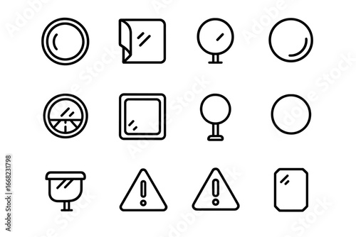 Safety Mirror Icons. Outline icon set of safety mirrors: convex mirror, corner mirror, wall mount, pole mount,