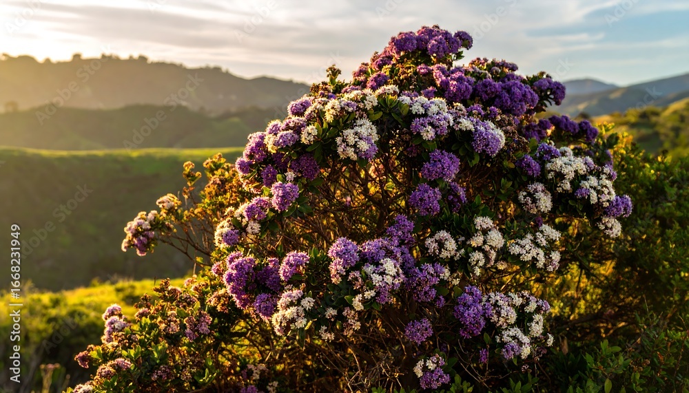Obraz premium A vibrant display of purple and white flowers in a lush hillside setting bathed in golden sunlight.