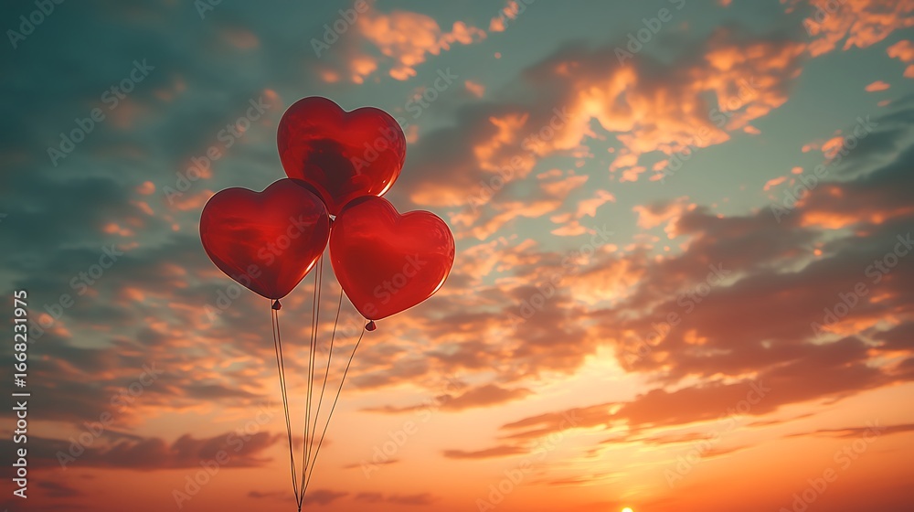 Fototapeta premium Red heart shaped balloons rising against a beautiful sunset sky in a romantic scene