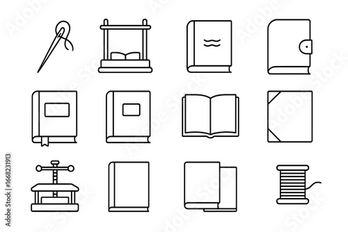 Bookbinding Icon Set. Outline icon set of bookbinding methods: sewing needle, stitching frame, spine glue,