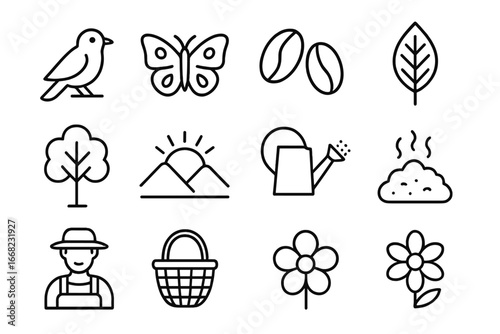 Coffee Farm Icon Set. Outline icon set of coffee farm biodiversity: bird, butterfly, coffee beans, leaf, tree,