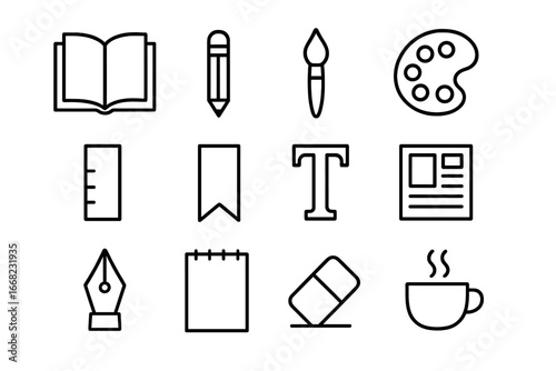 Books & Art Icons. Outline icon set of personalized book cover illustrations: open book, pencil, paintbrush,