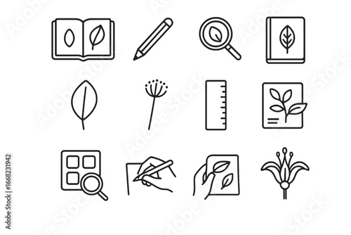 Botanical Sketch Tools. Outline icon set of botanical sketching for seed ID: sketchbook, pencil, magnifier,
