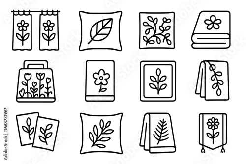 Botanical Textile Icons. Outline icon set of home textiles with botanical motifs: floral curtains, leaf