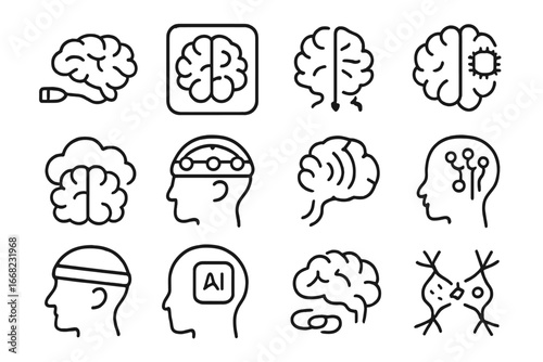 Brain-Computer Interface Icons. Outline icon set of brain-computer interfaces: neural cable, brain scan, data