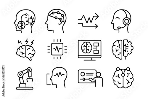 Brain-Computer Interface Icons. Outline vector icons of brain-computer interface: neural link, sensors, data
