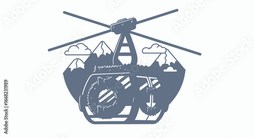 Scenic Mountain Gondola Ride Silhouette Illustration with Mountain Peaks and Clouds
